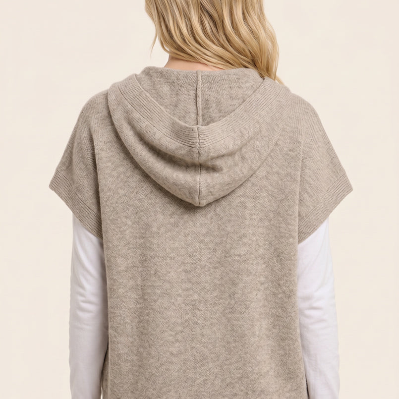 Short sleeve button down hoodie sweater cardigan in taupe