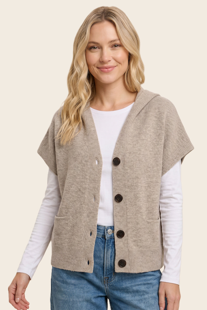 Short sleeve button down hoodie sweater cardigan in taupe - front view