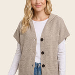 Short sleeve button down hoodie sweater cardigan in taupe - front view