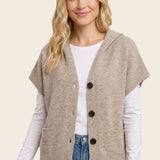 Short sleeve button down hoodie sweater cardigan in taupe - front view