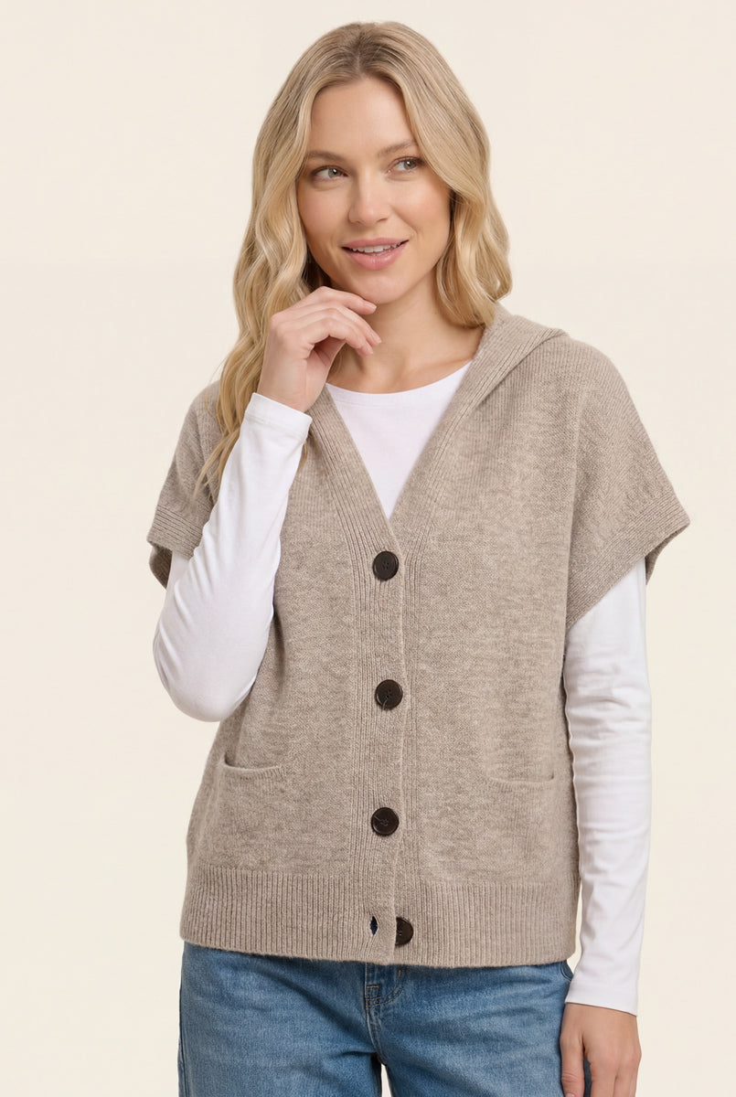 Short sleeve button down hoodie sweater cardigan in taupe - back view