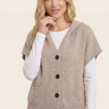 Short sleeve button down hoodie sweater cardigan in taupe - back view