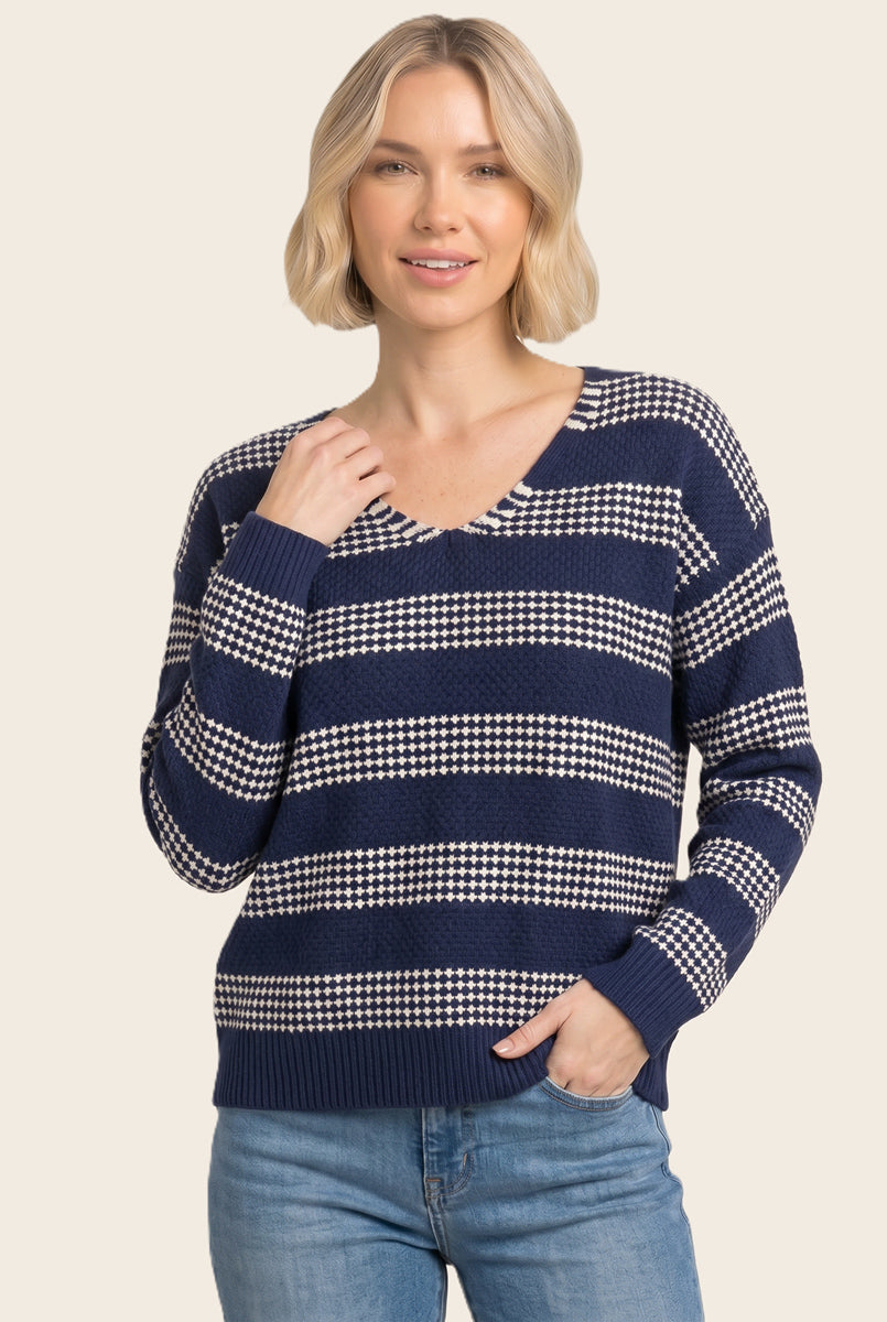 V-neck relaxed fit waffle texture striped sweater in light navy