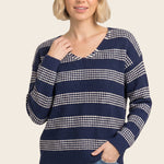 V-neck relaxed fit waffle texture striped sweater in light navy