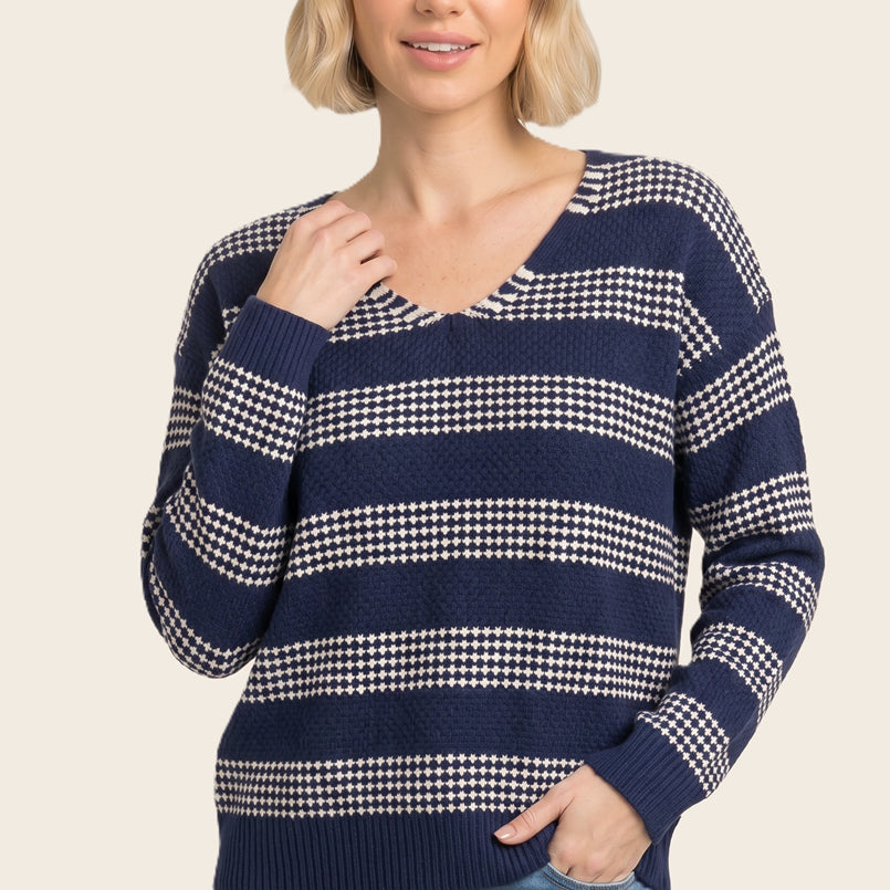 V-neck relaxed fit waffle texture striped sweater in light navy