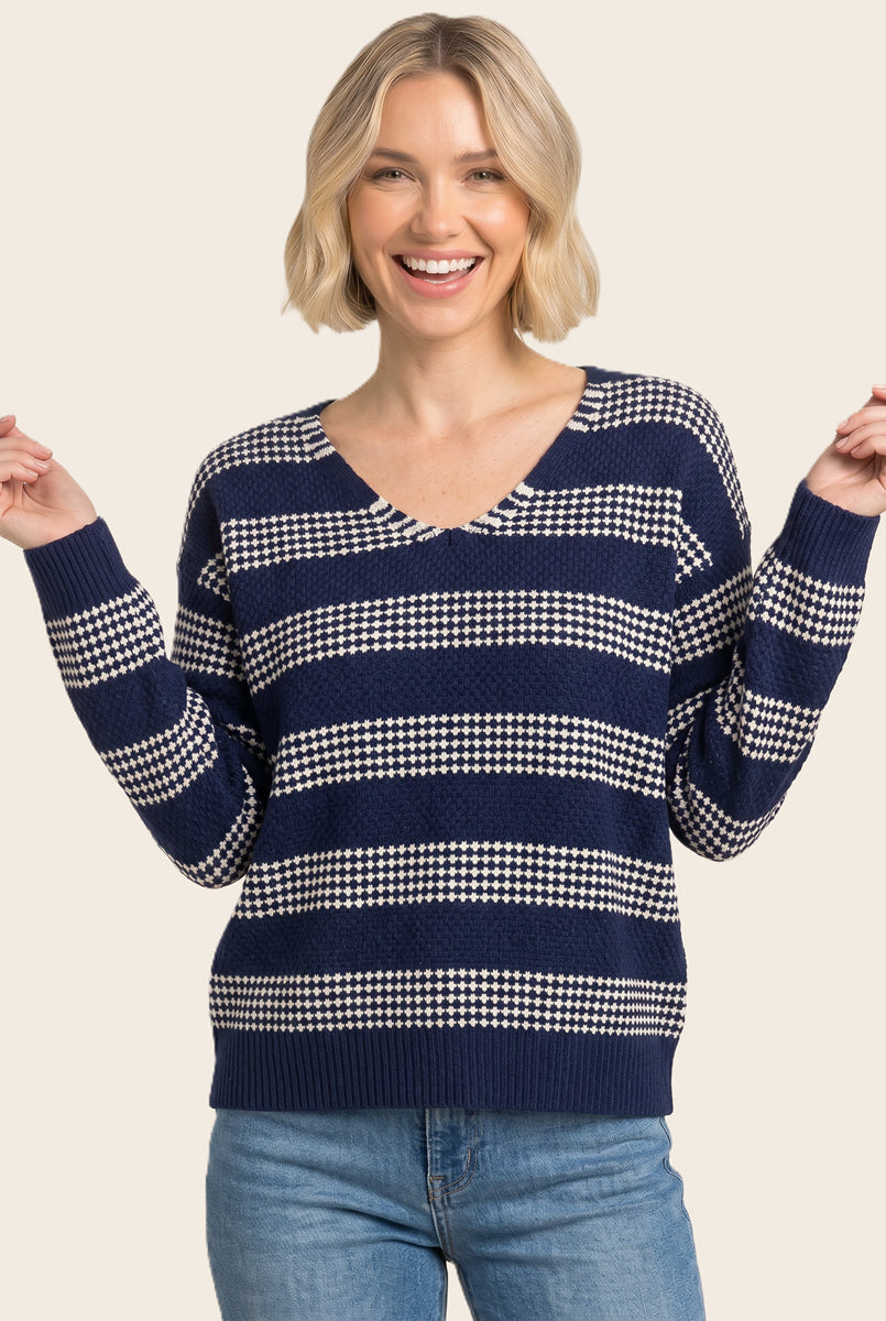 V-neck relaxed fit waffle texture striped sweater in light navy - back view