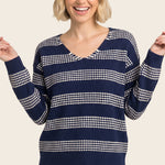 V-neck relaxed fit waffle texture striped sweater in light navy - back view