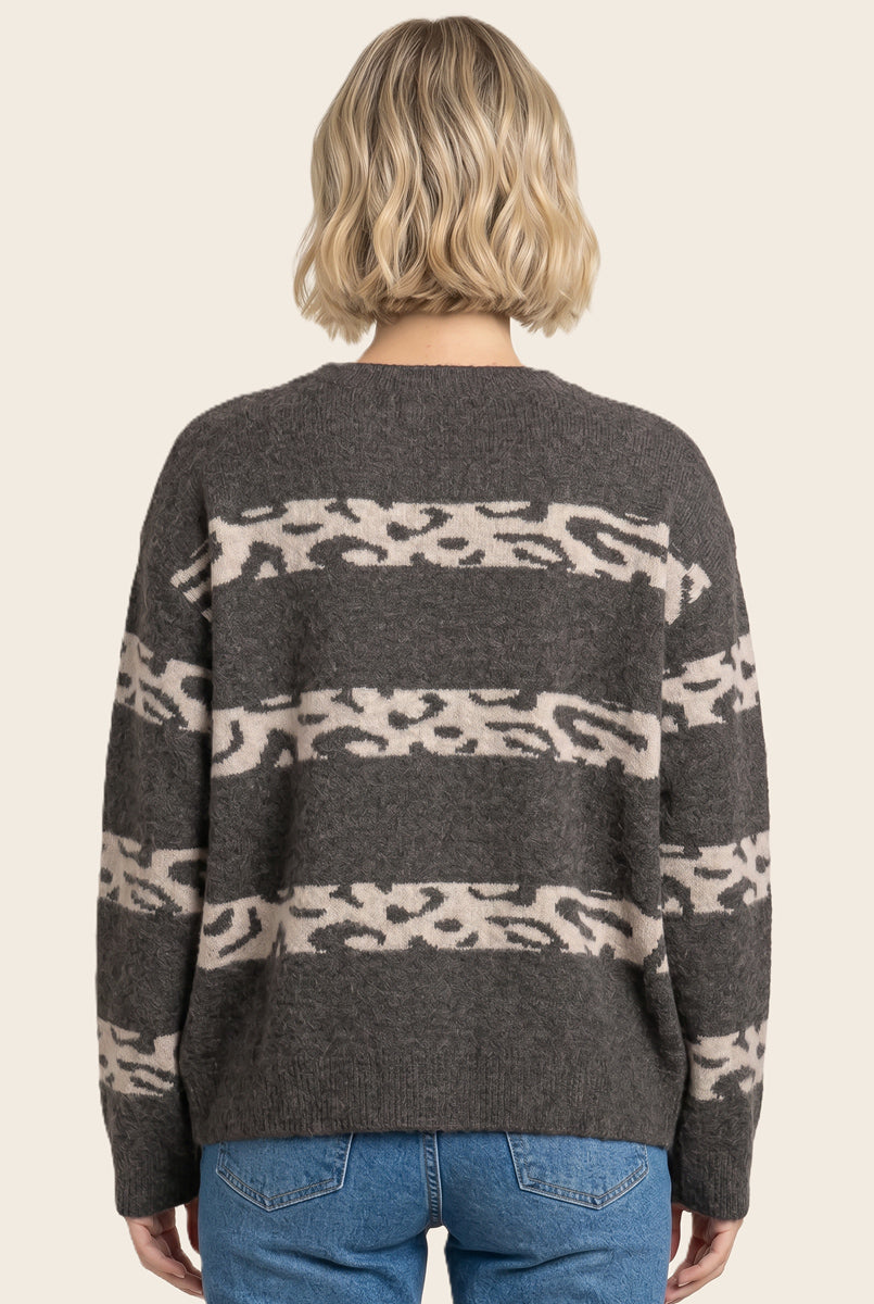 Leopard stripe color blocked crew neck sweater in chocolate