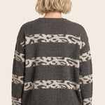 Leopard stripe color blocked crew neck sweater in chocolate