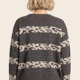 Leopard stripe color blocked crew neck sweater in chocolate