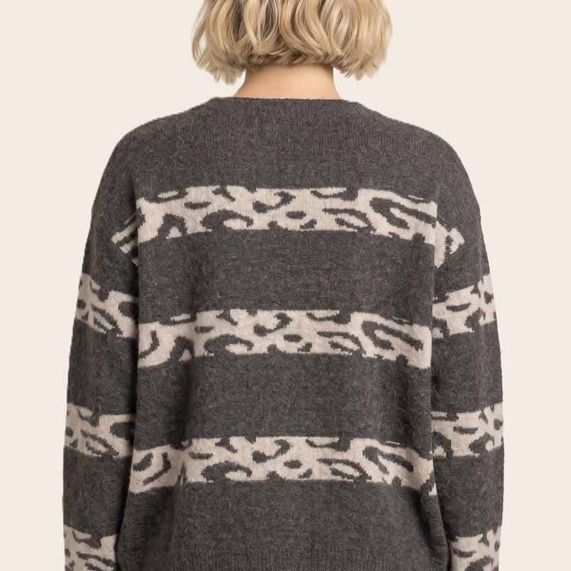 Leopard stripe color blocked crew neck sweater in chocolate