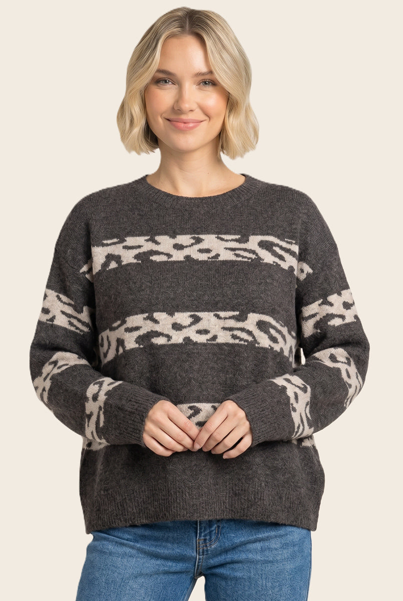 Leopard stripe color blocked crew neck sweater in chocolate - front detail