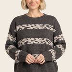 Leopard stripe color blocked crew neck sweater in chocolate - front detail