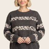 Leopard stripe color blocked crew neck sweater in chocolate - front detail