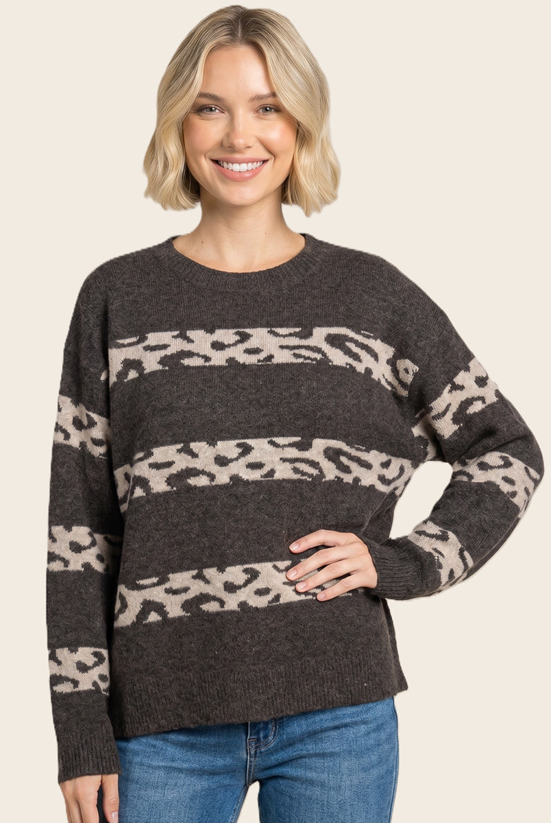 Leopard stripe color blocked crew neck sweater in chocolate - back view