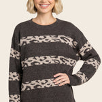 Leopard stripe color blocked crew neck sweater in chocolate - back view