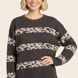 Leopard stripe color blocked crew neck sweater in chocolate - back view