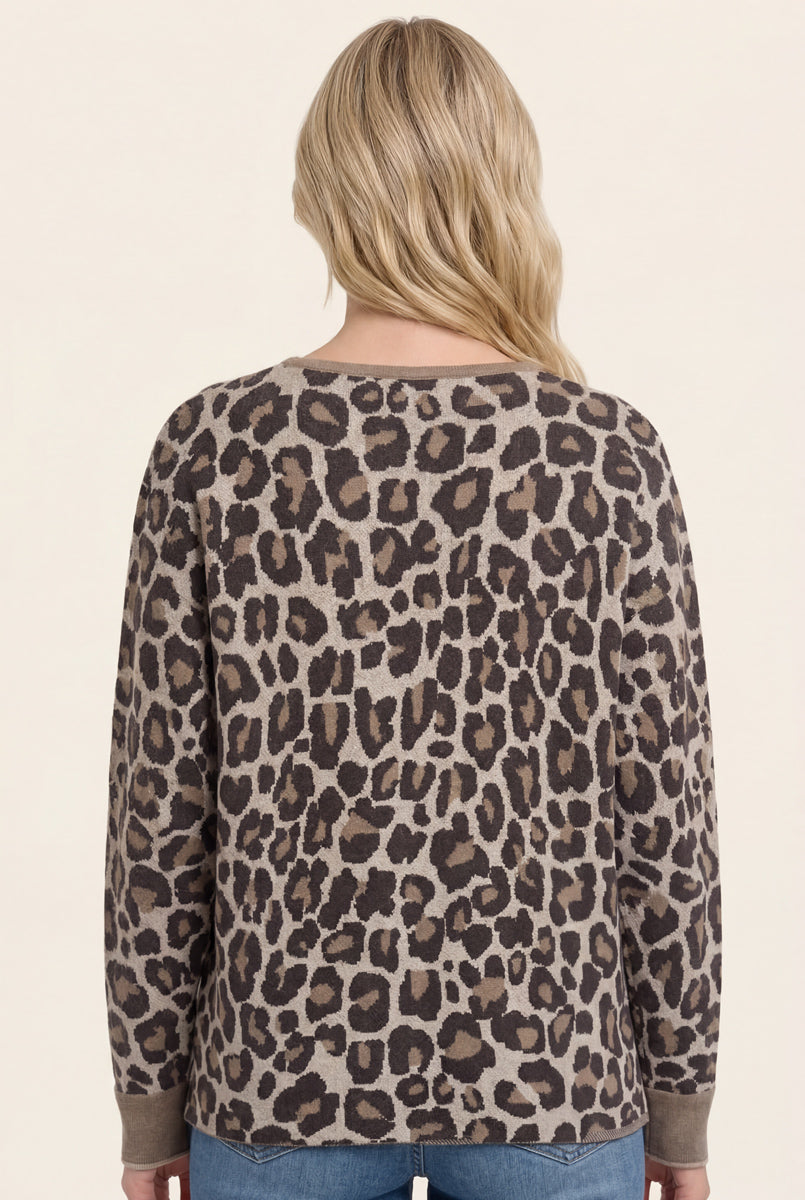 Leopard jacquard boat neck dolman sleeve sweater in brown