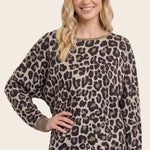 Leopard jacquard boat neck dolman sleeve sweater in brown - front view