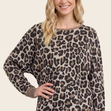 Leopard jacquard boat neck dolman sleeve sweater in brown - front view