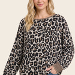 Leopard jacquard boat neck dolman sleeve sweater in brown - back view
