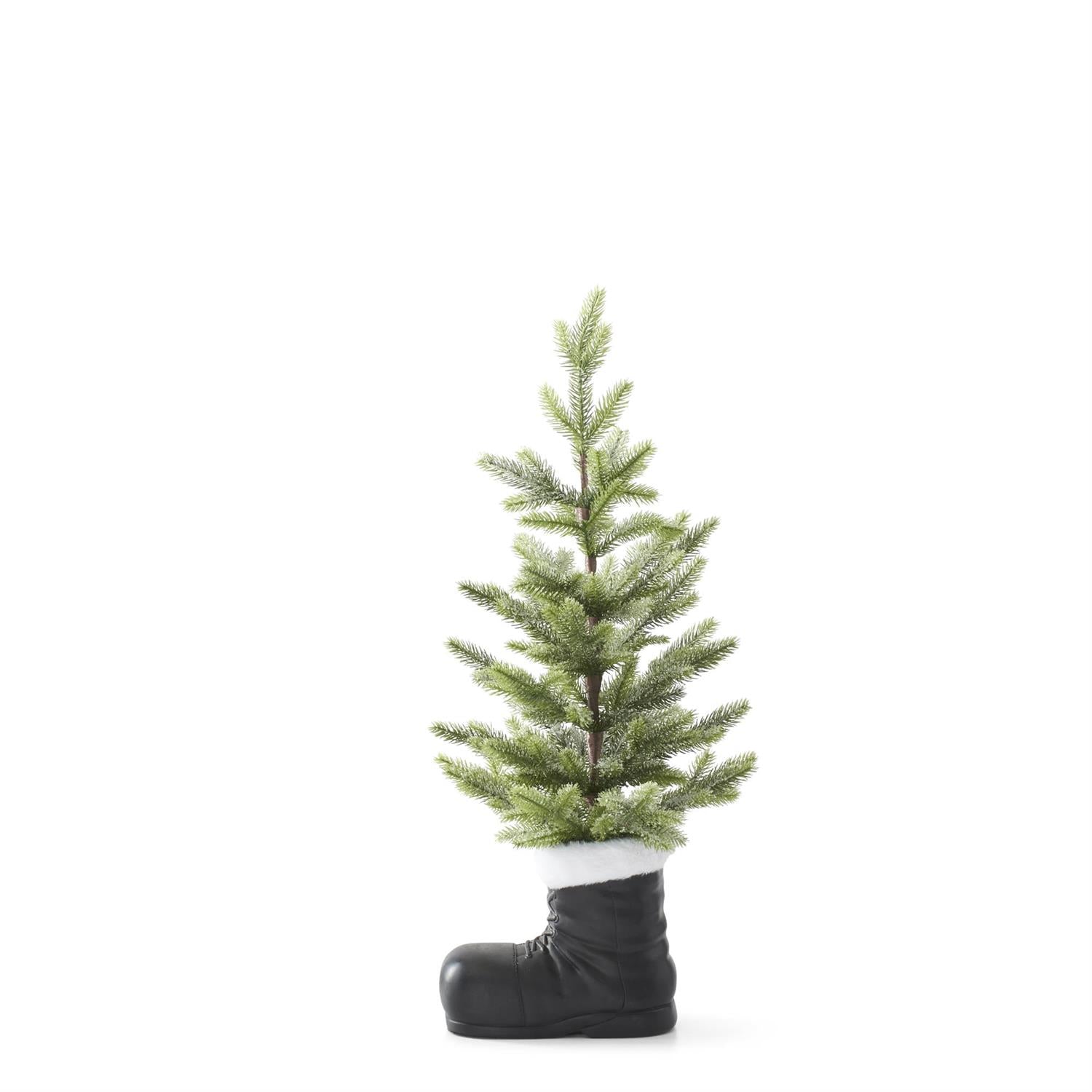 Small snowy pine tree planted in a black Santa boot with a white fur cuff