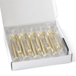 Gold LED taper candles packed in a white box with clear holders