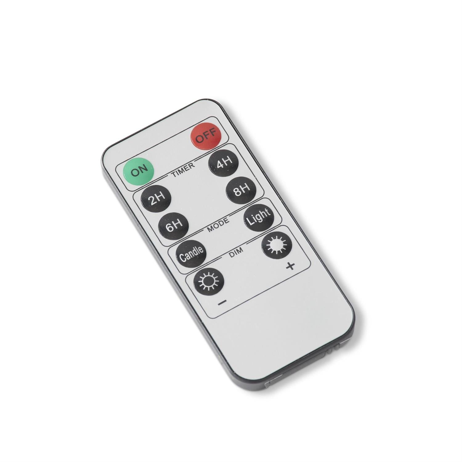 Remote control with on, off, timer, dim and candle flicker mode buttons