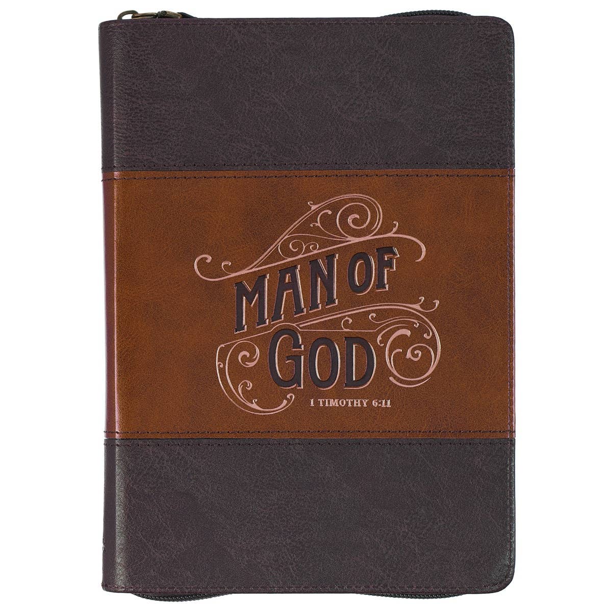 Man of God two-tone brown faux leather zip journal with 1 Timothy 6:11