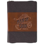 Man of God two-tone brown faux leather zip journal with 1 Timothy 6:11