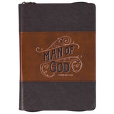 Man of God two-tone brown faux leather zip journal with 1 Timothy 6:11