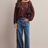 Open-Knit Stripe Sweater Top in Burgundy – 8