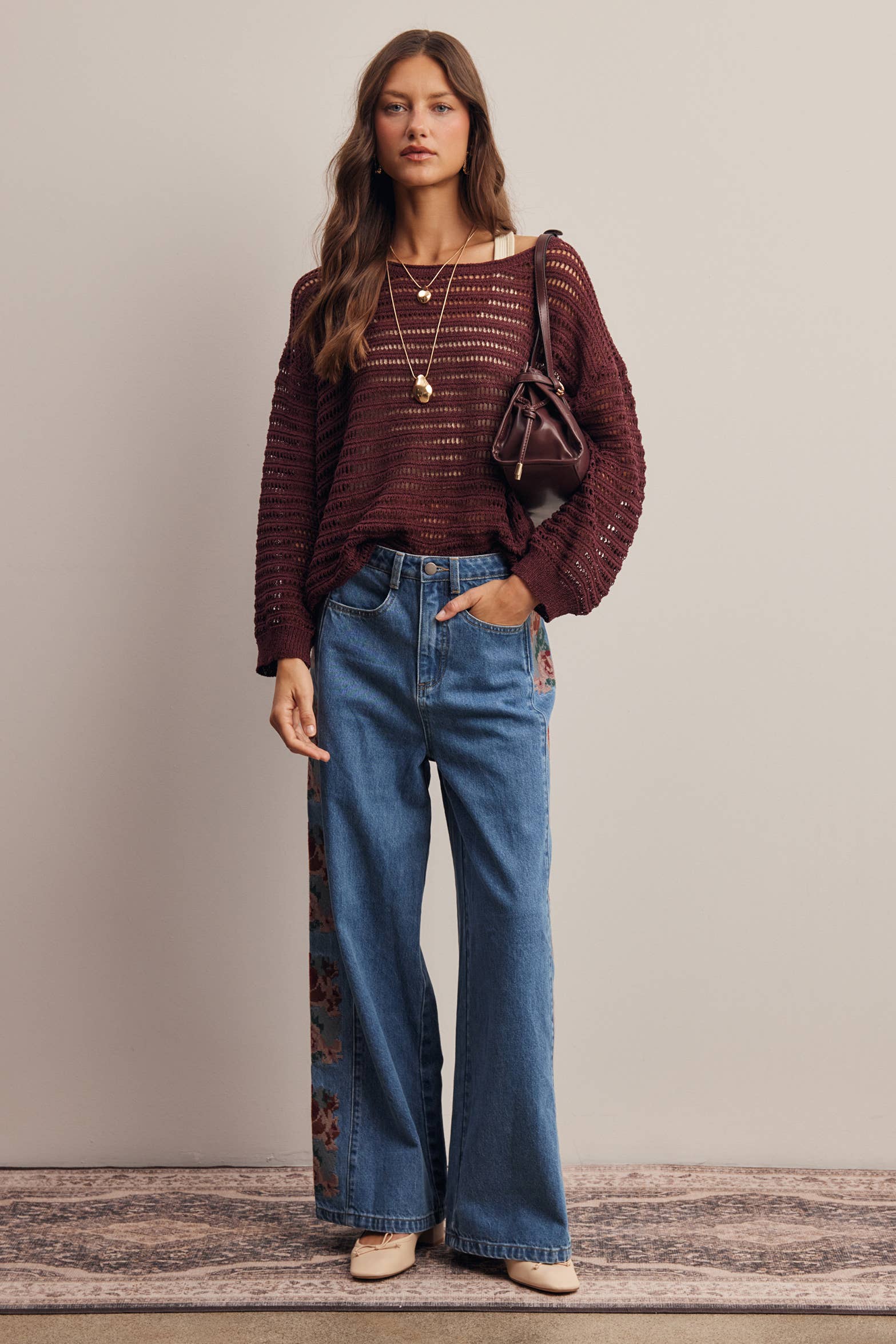 Open-Knit Stripe Sweater Top in Burgundy – 8