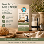 Sourdough starter jar kit with glass fermentation jar, silicone spatula, feeding tracker band, temperature gauge, and two lids