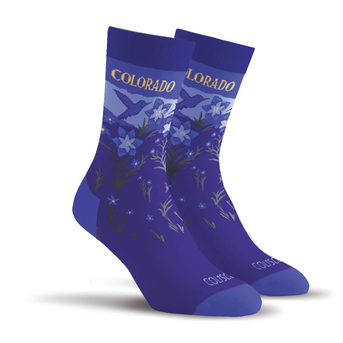 Unisex crew socks with a Colorado blue columbine graphic