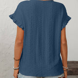 Dark Blue Solid Color Crewneck Sweet Short-Sleeve Hollow-Out Top