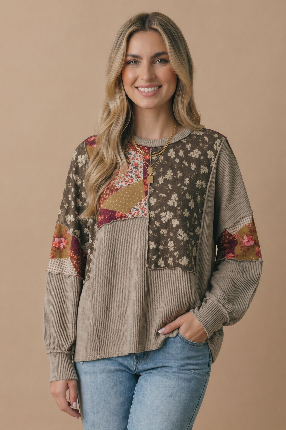 Wavy rib knit detail on the body of the floral patchwork top
