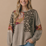 Wavy rib knit detail on the body of the floral patchwork top