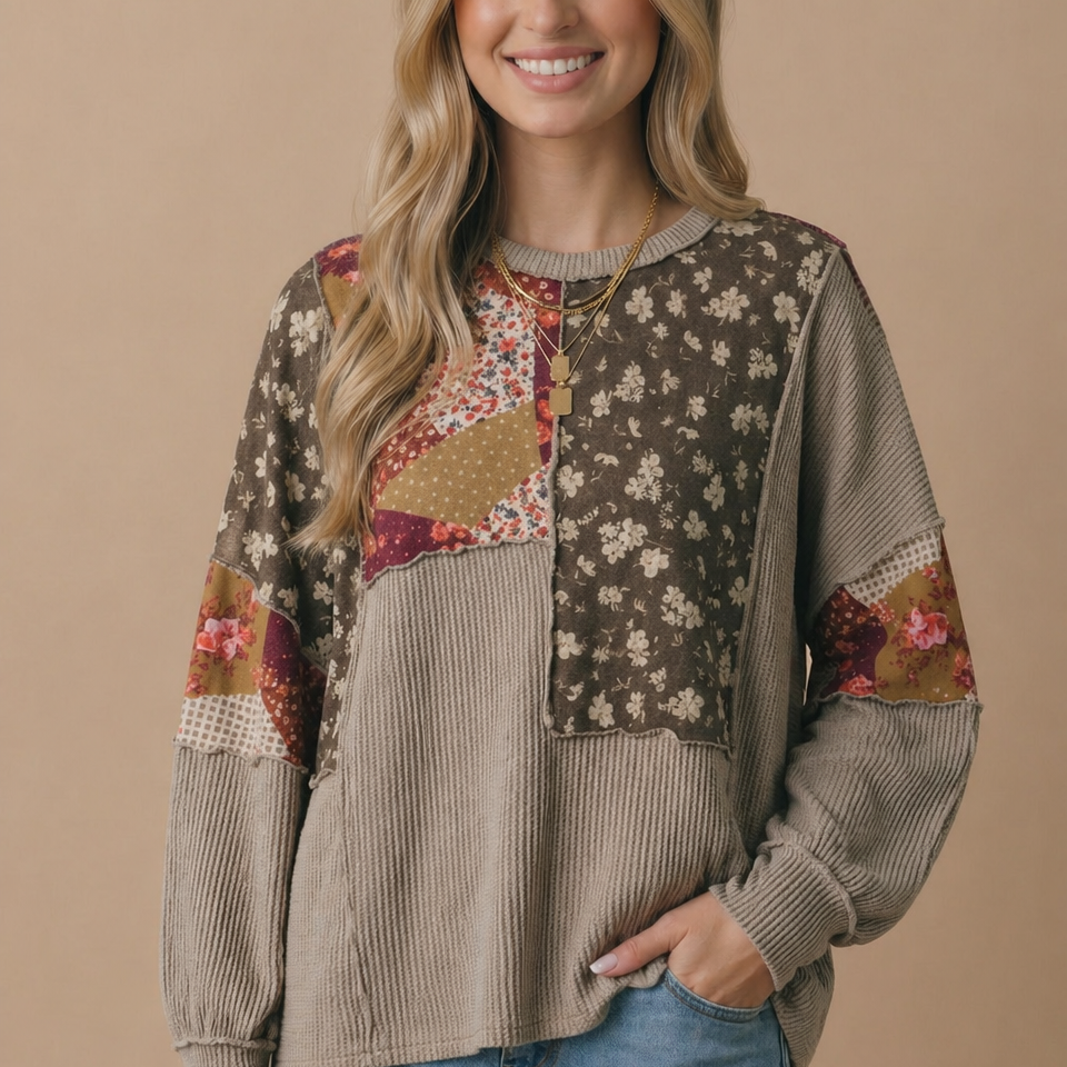 Wavy rib knit detail on the body of the floral patchwork top