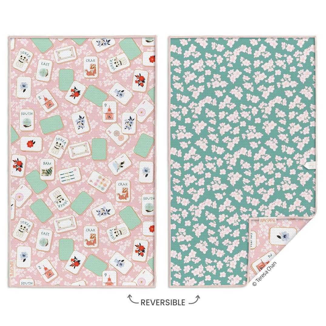 Mahjong tiles and cherry blossom reversible microfiber kitchen towel