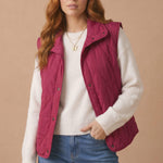 High Neck Snap Button Quilted Puffer Vest in Burgundy - hands in pockets