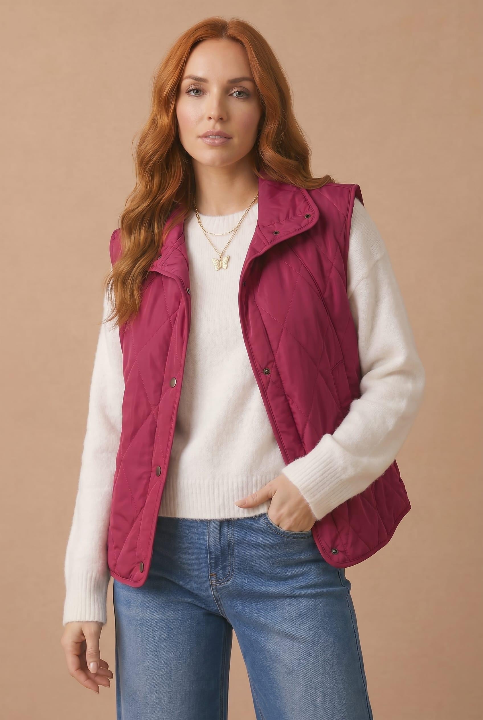 High Neck Snap Button Quilted Puffer Vest in Burgundy - hands in pockets