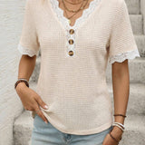 Lace Trim Waffle Knit V Neck Top Casual Summer Tee