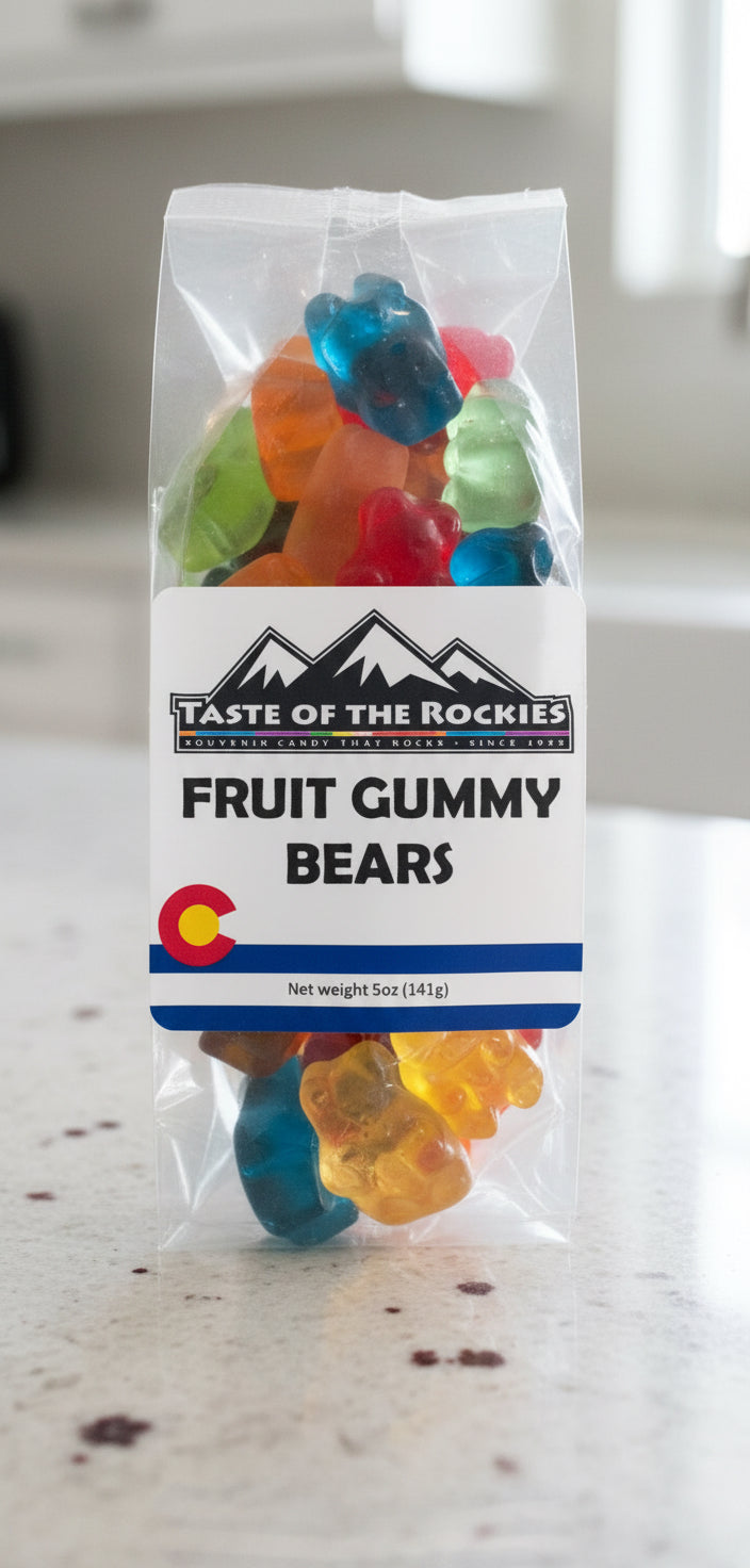 Packaged fruit gummy bears with Taste of the Rockies and Colorado label on a white background