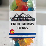 Packaged fruit gummy bears with Taste of the Rockies and Colorado label on a white background