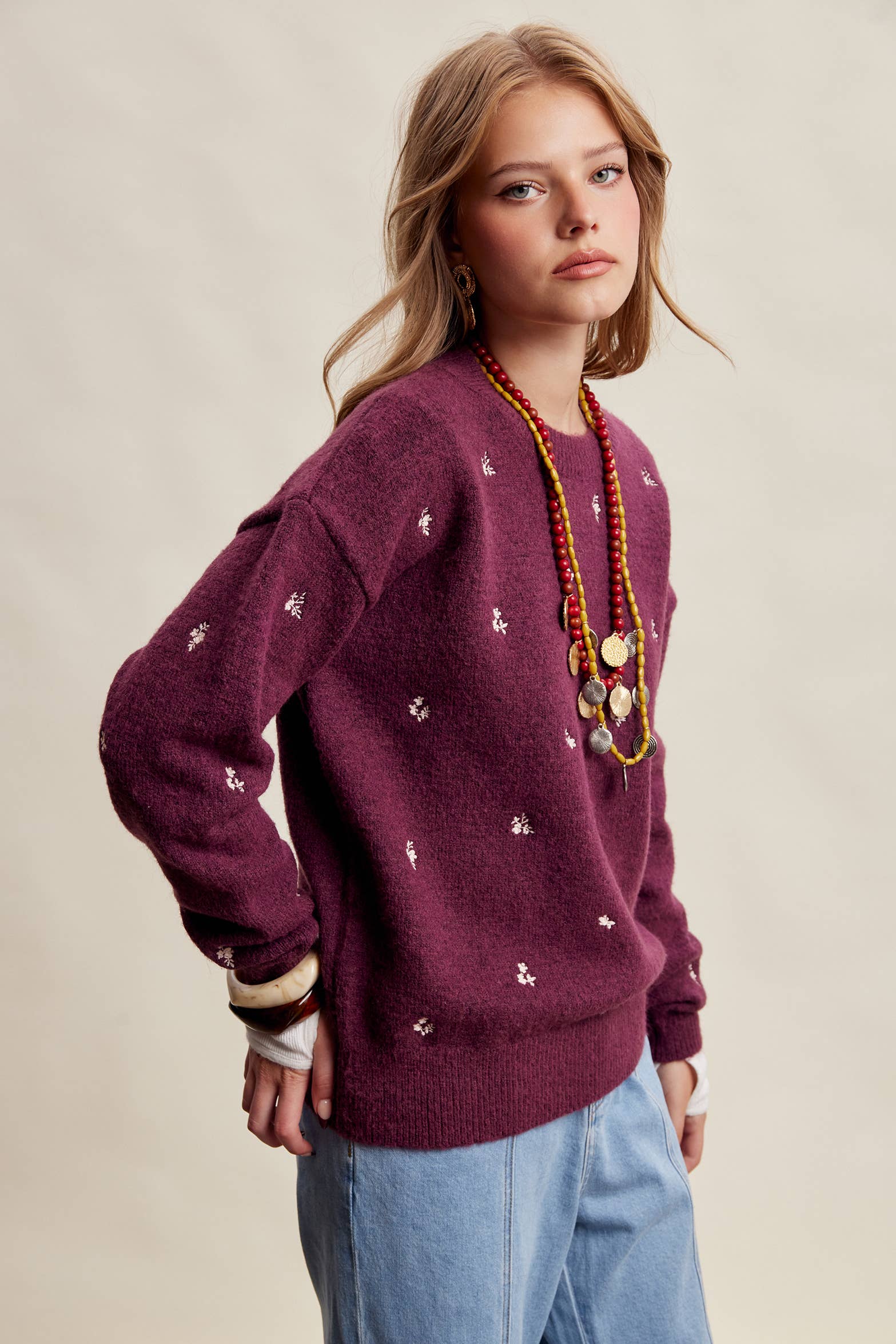 Women's Embroidered Dot Sweater in Plum – 7