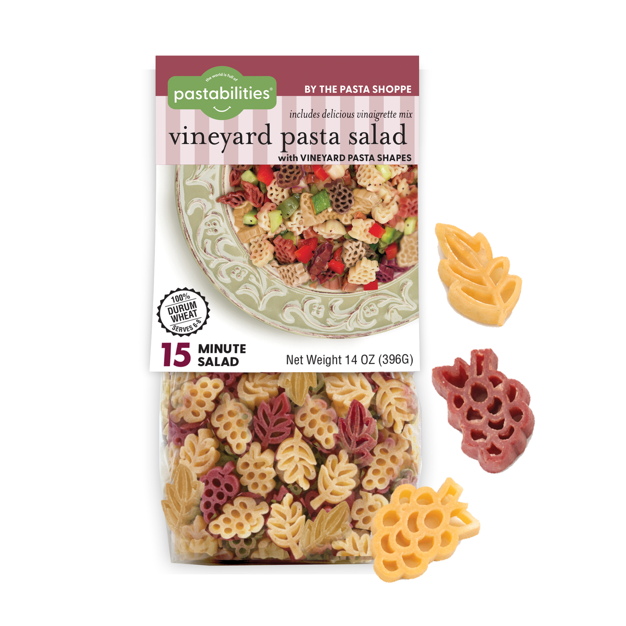 Pastabilities Vineyard Pasta Salad bag with grape cluster and leaf-shaped pasta