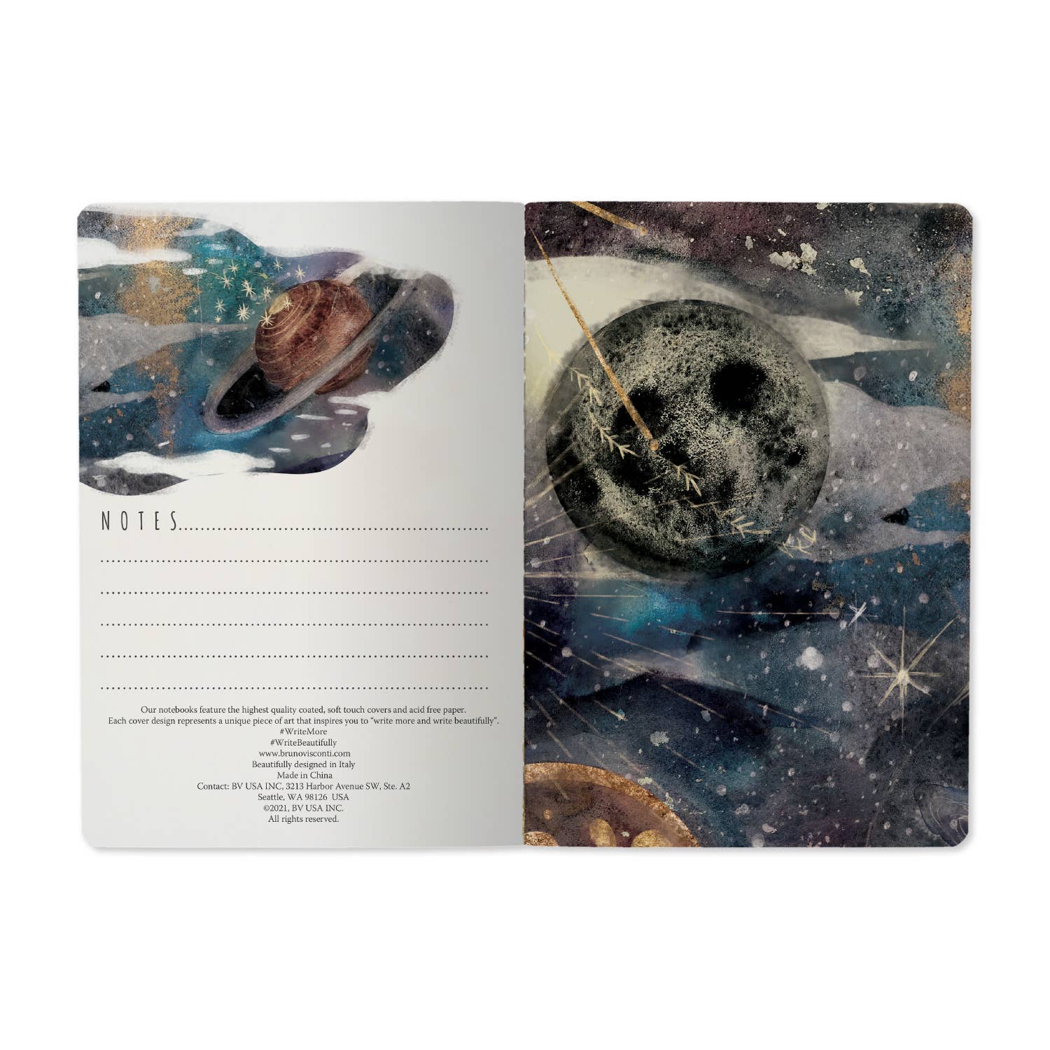 A5 ruled notebook with a galaxy and starfield cover design, detail view