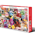 Plush, Plush, Plush 1,000-piece jigsaw puzzle box showing a crowded collage of colorful stuffed animals and plush toys