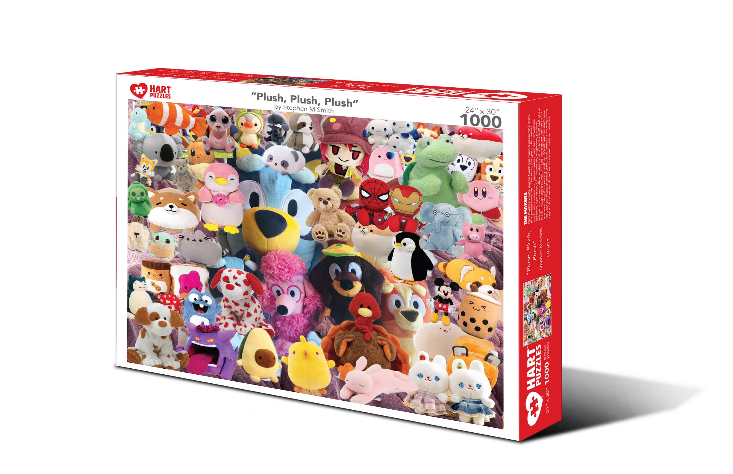 Plush, Plush, Plush 1,000-piece jigsaw puzzle box showing a crowded collage of colorful stuffed animals and plush toys